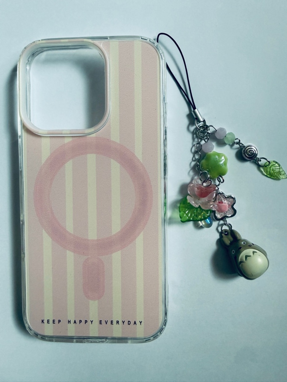 Pink Striped Phone Case with Floral Charm - Cute Protective Cover
